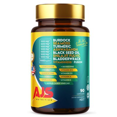 AJS Sea Moss Capsules 3200mg, Himalayan Shilajit 1000mg with Black Seed Oil, Ashwagandha, Turmeric, Bladderwrack, Burdock, Vitamins, Berberine, Lions Mane Mushroom, Elderberry- 90 Caps (1)