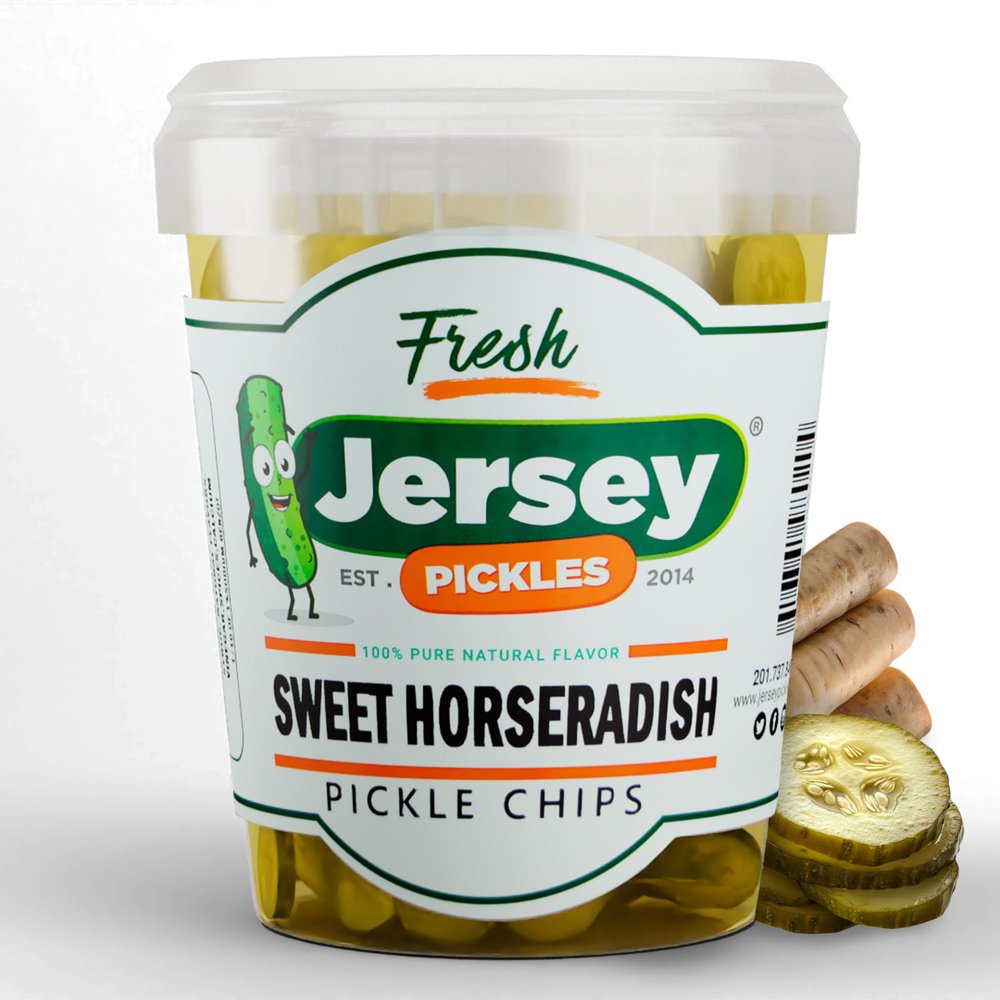 Jersey Pickles - Sweet Horseradish Chips (Quart) - Fresh, Keto-Friendly, and Perfect for Snacks, Sandwiches, or Salads The perfect Pickle Jars Cornichon for Families or Gatherings