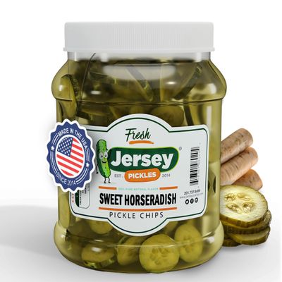 Jersey Pickles - Sweet Horseradish Chips (Half Gallon) - Fresh, Keto-Friendly, and Perfect for Snacks, Sandwiches, or Salads  The perfect Pickle Jars Cornichon for Families or Gatherings