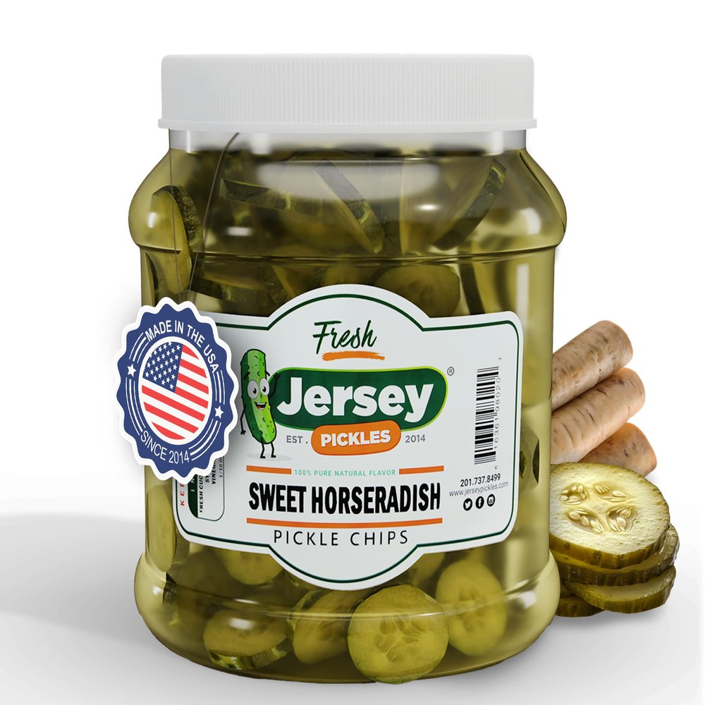 Jersey Pickles - Sweet Horseradish Chips (Half Gallon) - Fresh, Keto-Friendly, and Perfect for Snacks, Sandwiches, or Salads  The perfect Pickle Jars Cornichon for Families or Gatherings