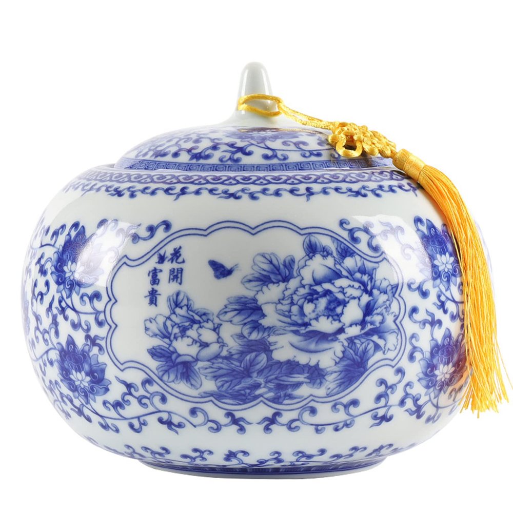 ZEBEYE Pet urn,Large Adult Urn for Human Ashes - Cremation Funeral Burial Keepsake Urns for Ashes Adult, Ceramic Sealed Jar with Hand-Painted Blue and White Pattern, Large Ceramic Pet Urn,3650ml