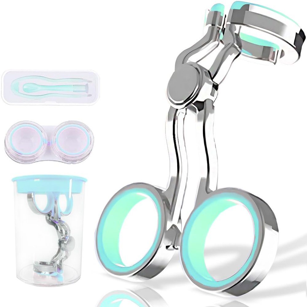 iGeyzoe Contact Lens Wearing Aids, Portable Contact Lens Eyelid Stretcher, Color Contact Lens Wearing Tool with Insert or Remove Tool/Tweeers/Contact Lens Case (Green)