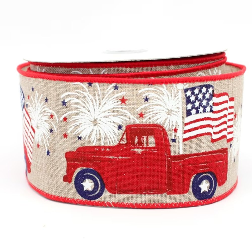 10 Yards Patriotic Flag Red Truck Wire Edge Ribbon, 4th of July Patriotic Wired Ribbon, Natural Ribbon for Wreaths, Patriotic Ribbon, 2.5 Wired Ribbon