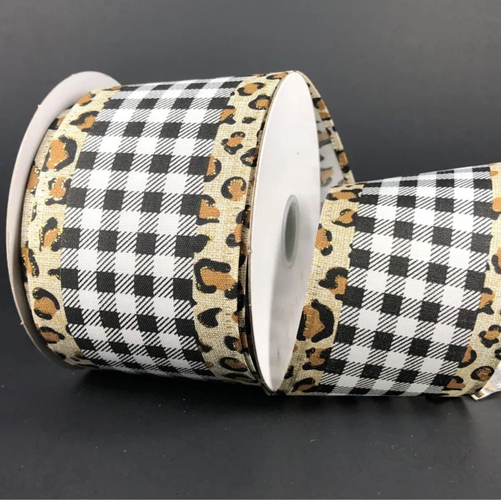 10 Yards Buffalo Plaid Cheetah Wire Edge Ribbon, Leopard Ribbon. Black White Ribbon for Wreaths, Buffalo Plaid Wire Ribbon, 2.5 Wide Ribbon