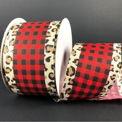 10 Yards Buffalo Plaid Cheetah Wire Edge Ribbon, Leopard Ribbon, Red Black Ribbon for Wreaths, Buffalo Plaid Wire Ribbon, 2.5" Wide Ribbon