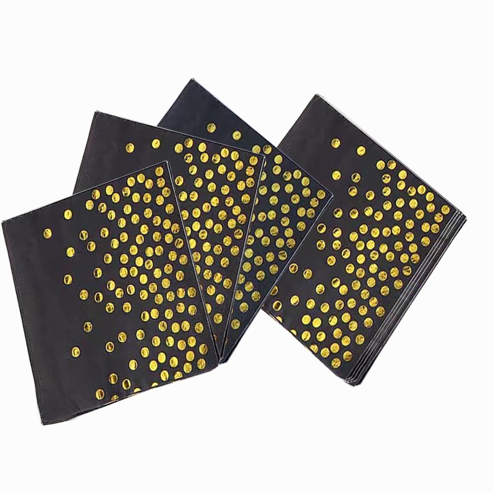 100 Pack Paper Napkins Black Disposable Dinner Square Napkins with Gold Foil Polka Dot Confetti Hand Guest Paper Towels for Party Birthday Wedding Special Events