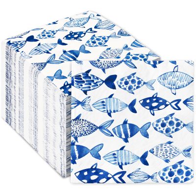 80Pcs Fish Paper Napkins Watercolor Sea Ocean Luncheon Napkins Blue Decorative Dinner Hand Napkin for Fishing Party Home Restaurant Kitchen Supplies