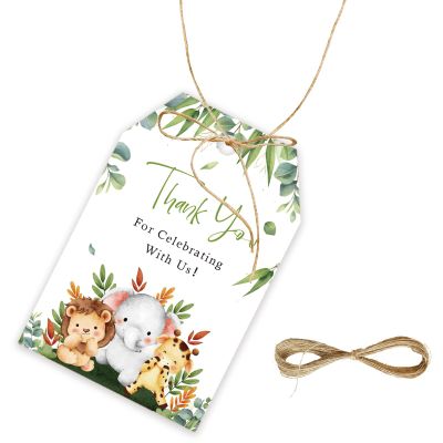 50pcs Jungle Safari Thank You Tags, Wild Animals Gift Tag with String for Gender Reveal Party, Animal Thank You Paper Tags for 1st Birthday/Engagement Party Favors