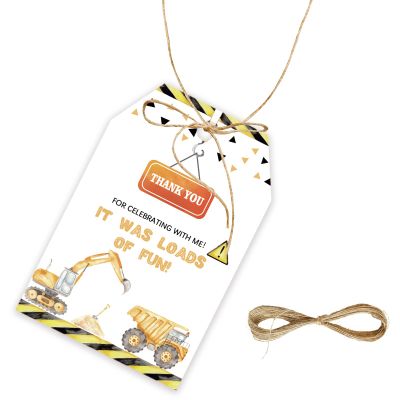50pcs Construction Thank You Tags, Excavator Gift Tag with String for Boy Birthday Party, Dump Truck Thank You Paper Tags for Gender Reveal Party Favors