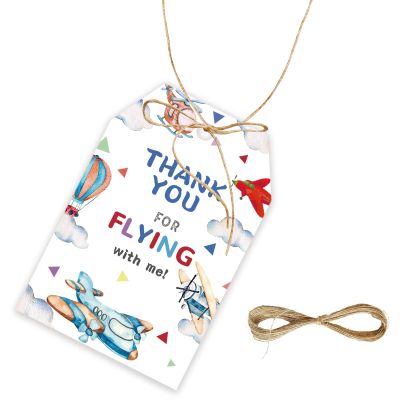 50pcs Airplane Thank You Tags, Plane Gift Tag with String for Boy Birthday Party, Thank You Paper Tags for Graduation/Adventure Begin Party Favors