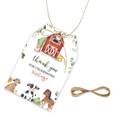 50pcs Farm Thank You Tags, Farm Animals Gift Tag with String for Gender Reveal Party, Pig/Duck/Horse Thank You Paper Tags for Farm Themed Birthday Party Favors