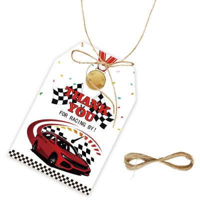 50pcs Race Car Thank You Tags, Racing Car Gift Tag with String for First Birthday Party, Fast One/Two Fast Thank You Paper Tags for Racing Birthday Party Favors