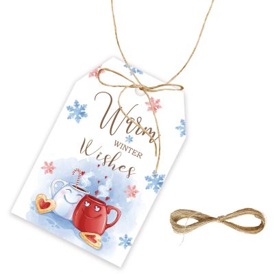 50pcs Warm Winter Wishes Thank You Tags, Winter Holiday Gift Tag with String for Christmas Party, Thank You Paper Tags for Christmas/Winter Wonderland Party Favors