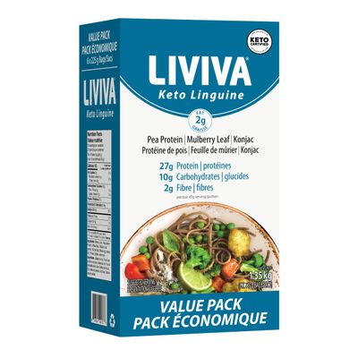 LIVIVA Low Carb High Protein KETO Value Pack Spaghetti Noodle Pasta 6 Pk 135 g Protein per Box with Pea Protein & Konjac Flour - 8g Net Carbs, Diabetic-Friendly - Healthy Al Dente Pasta (6 Pack, Linguine Pasta)