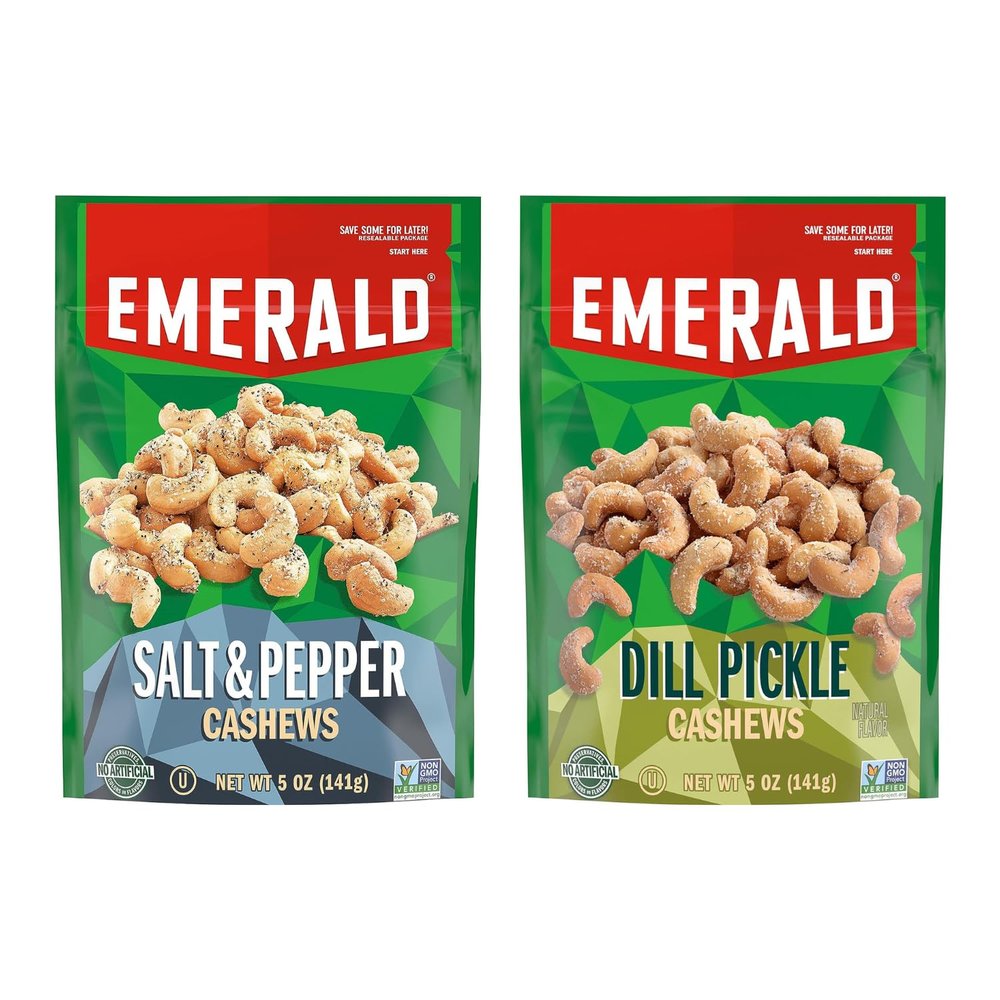 Emerald Nuts Combo (Variety Pack) Featuring Dill Pickle Seasoned Cashews & Salt and Pepper Cashews | 5 Oz Resealable Bags | Kosher Certified, Non-GMO, Contains No Artificial Preservatives or Synthetic Colors