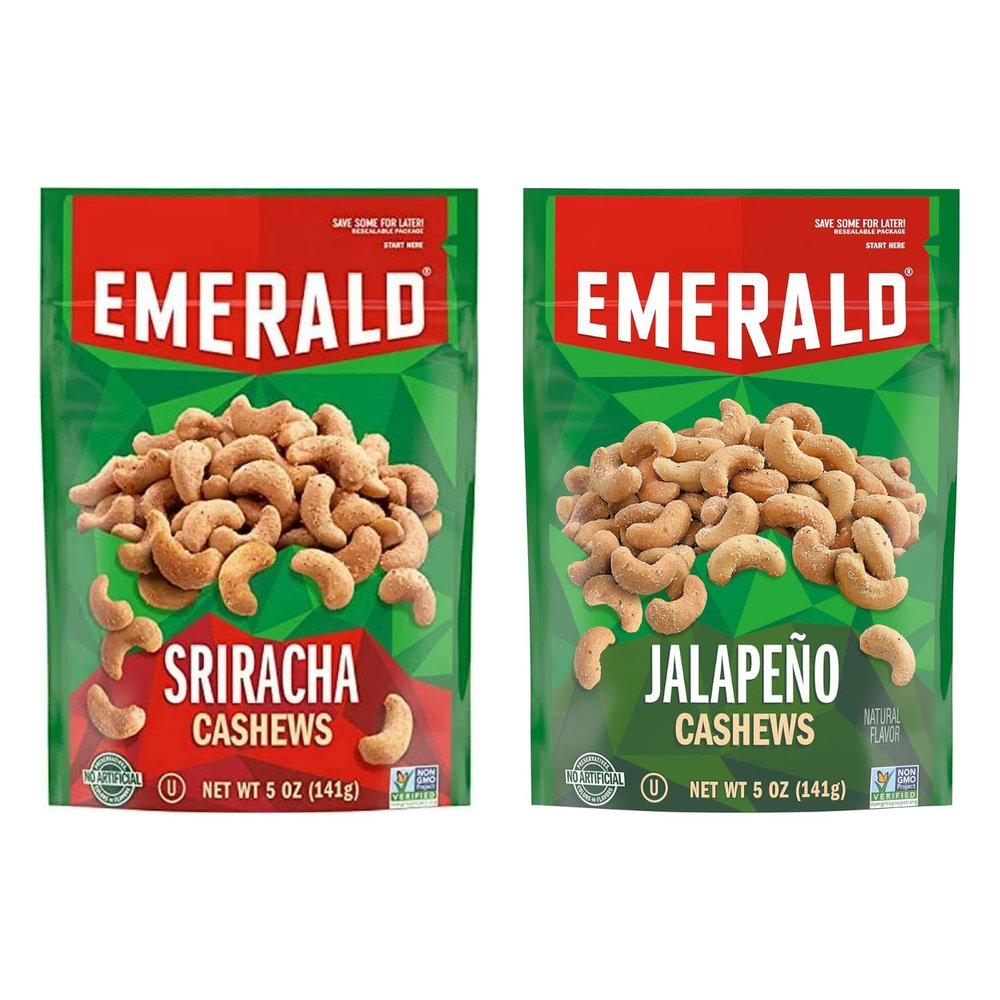 Emerald Nuts Combo (Variety Pack) Featuring Jalapeno Seasoned Cashews & Sriracha Seasoned Cashews | 5 Oz Resealable Bags | Kosher Certified, Non-GMO, Contains No Artificial Preservatives or Synthetic Colors