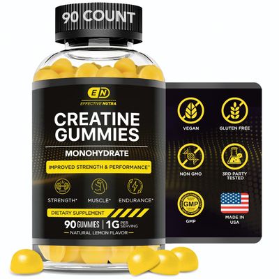 Effective Nutra Creatine Monohydrate Gummies - 1g Creatine per Gummy - Vegan Muscle & Strength Supplement for Men & Women - Supports Muscle Growth, Energy, Endurance - Lemon Flavor, Made in USA (90ct)