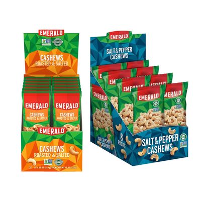 Emerald Nuts Combo (Variety Pack) Featuring Cashews & Salt and Pepper Cashews | 20 Individually Wrapped Snack Pack Tubes | Kosher Certified, Non-GMO, Contains No Artificial Preservatives or Synthetic Colors