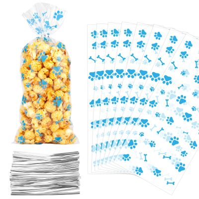 BOEIAC 200 Pcs Paw Print Cellophane Bags, Paw Print Cellophane Treat Bags, Heat Sealable Dog Paw Favor Bags, Clear Gift Candy Bags with 200 Pcs Silver Twist Ties for Pet Birthday Party Favor, Blue