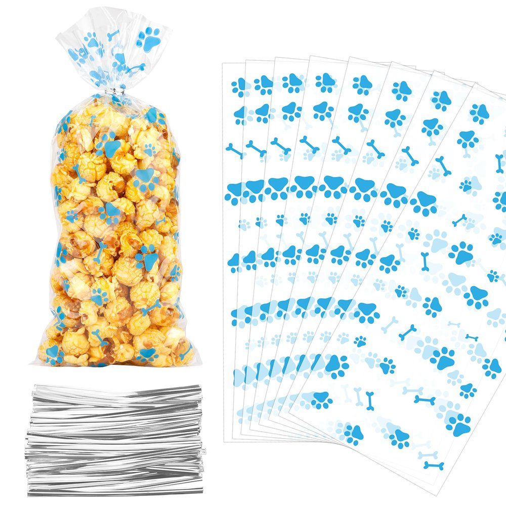 BOEIAC 200 Pcs Paw Print Cellophane Bags, Paw Print Cellophane Treat Bags, Heat Sealable Dog Paw Favor Bags, Clear Gift Candy Bags with 200 Pcs Silver Twist Ties for Pet Birthday Party Favor, Blue