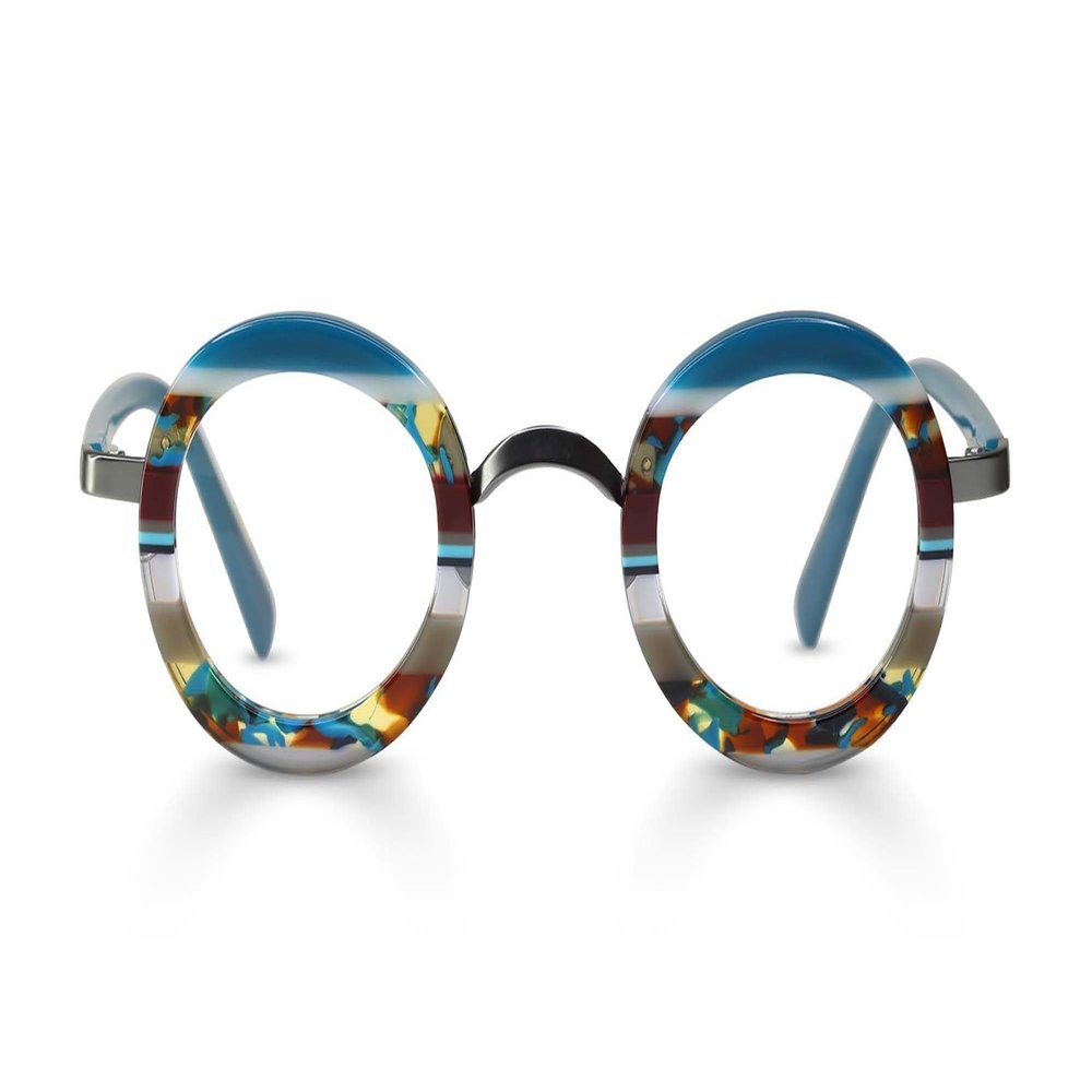 eyebobs - Pinhead | Premium Reading Glasses for Men and Women | Round Frame for Narrow Faces | Blue Stripe, 3.50