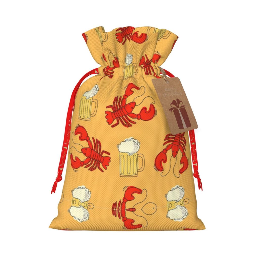 ZISHAK Beer And Crawfish Pattern Burlap Drawstring Gift Bag Ideal Christmas Gift Bag For Delicate Presents