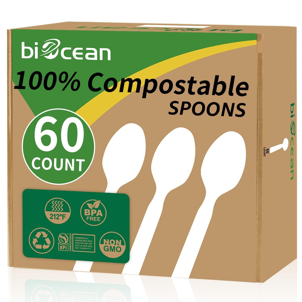 Biocean 100% Compostable Spoons 60 Count Disposable Soup Spoons Heavy Duty Utensils Disposable Silverware Eco Friendly Flatware for Party Camping Picnics Wedding-Ivory White