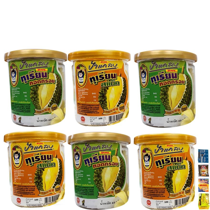 Paglab Set 6 Durian Fried Chips Mini Snack Crispy Monthong Original OTOP Fruit Exotic Vegan Ultimate DHL 2.11 Oz and 3.52 Oz By Beautygoodshop [Get Free For You Beauty Gifts]