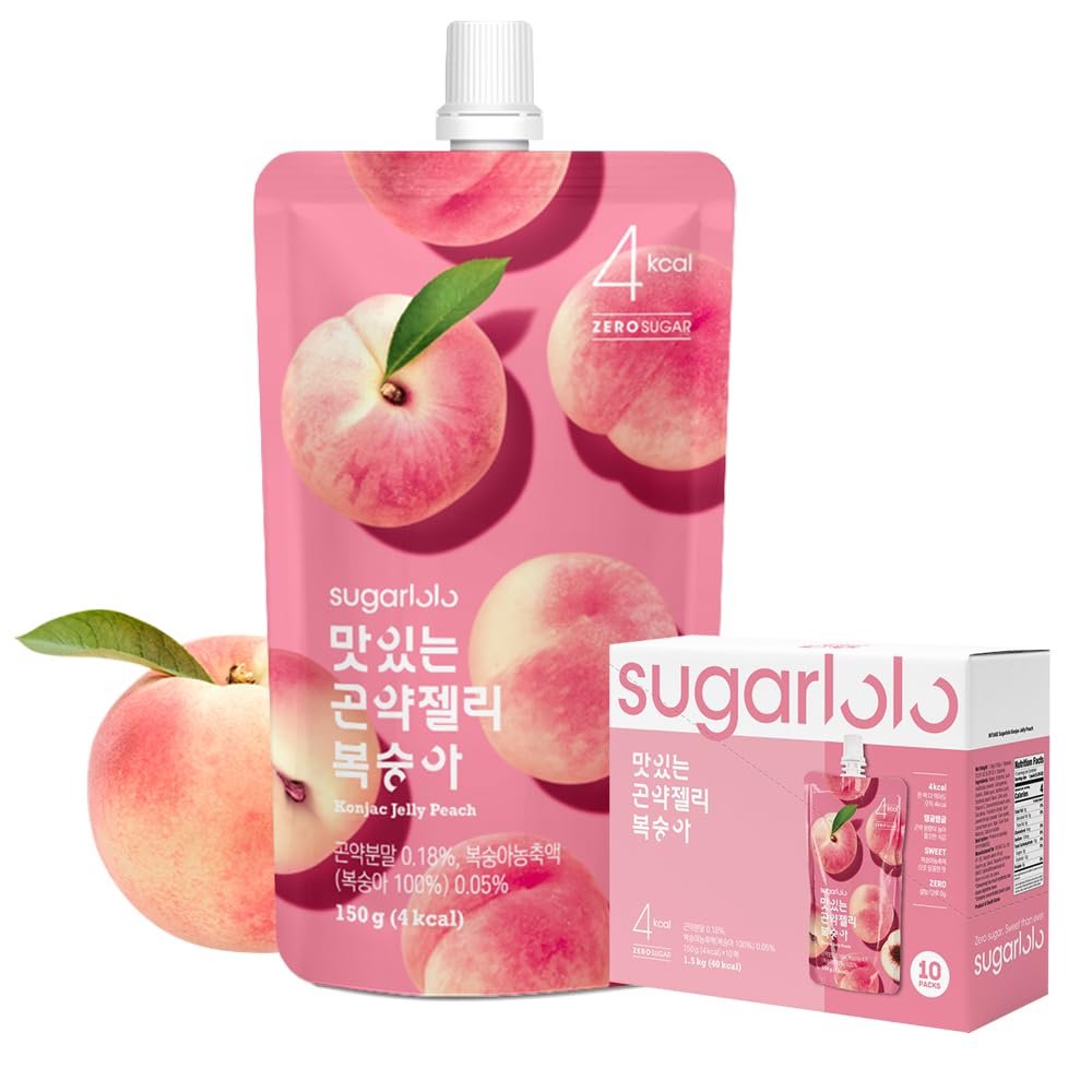 Sugarlolo Konjac Sweet Peach Jelly Snack - Vegan Jello with Zero Sugar | Only 4 Calories per Pouch | Low Calorie Korean Snacks5.29 Oz (150g) | 10 Pack