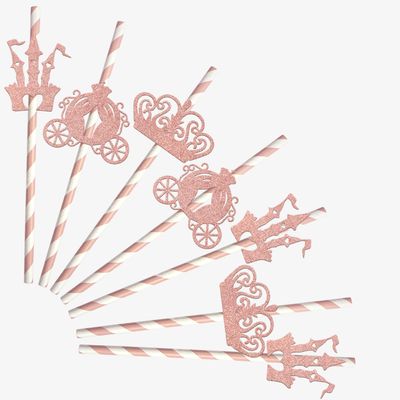 24Pcs Little Castle Crown Paper Straws, Princess Straws, Crown Straws, Princess Themed Birthday Party Supplies Rose Gold
