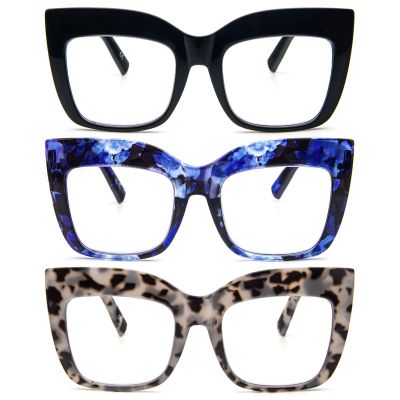 REAVEE 3 Pack Oversized Reading Glasses for Women Thick Large Frame Blue Light Blocking Stylish Computer Readers Spring Hinge,Black Blue Grey 1.75