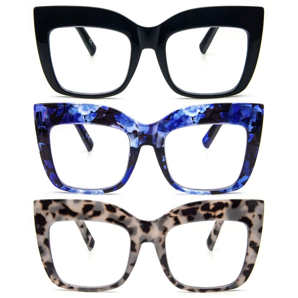 REAVEE 3 Pack Oversized Reading Glasses for Women Thick Large Frame Blue Light Blocking Stylish Computer Readers Spring Hinge,Black Blue Grey 1.75