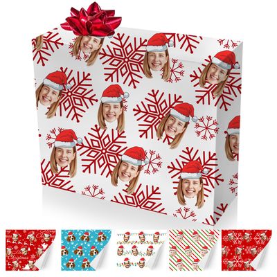 Funny Mug Personalized Face Christmas Gift Wrapping Paper Rolls for Men Women Kids, Custom Gift Wrapping Paper Jumbo with Plaid/Snowflakes/Santa Print for Gift Wrap, 58x 23inch 1-5 Rolls