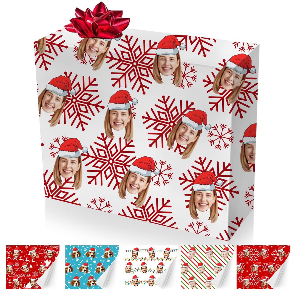 Funny Mug Personalized Face Christmas Gift Wrapping Paper Rolls for Men Women Kids, Custom Gift Wrapping Paper Jumbo with Plaid/Snowflakes/Santa Print for Gift Wrap, 58x 23inch 1-5 Rolls
