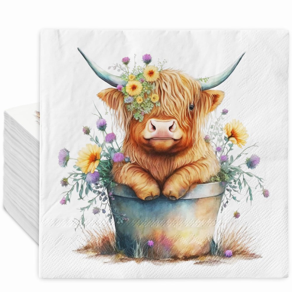 80Pcs Cute Highland Cow Paper Napkins Rustic Farmhouse Disposable Luncheon Napkins Cute Cow Dessert Dinner Hand Napkin for Home Kitchen Party Supplies, 6.5 x 6.5 Inch