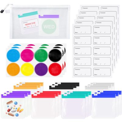30 pcs Pill Pouch Bags, CNYMANY Zippered Reusable Medicine Bags with Slide Lock Travel Medicine Organizers Pill Baggies, with Weekly Sticker, Write-on Labels, Storage Bag
