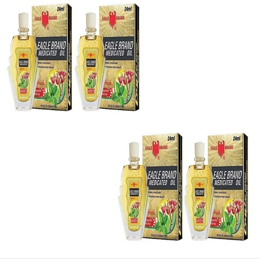 2 Packs - Yellow Twin Eagle Essential Medicated Oil - 4 Chai Dau Con O Vang - 24mL per Bottle with 4 Bottles per Order - Made in Singapore