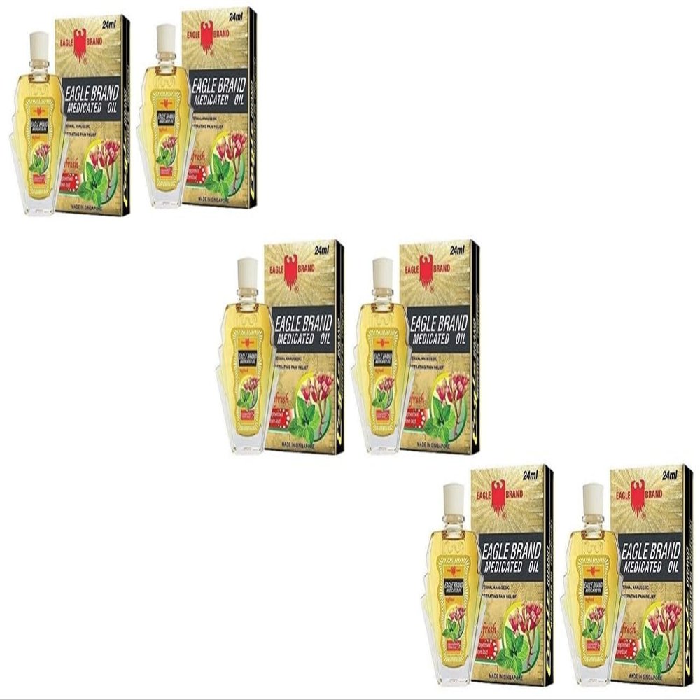 3 Packs - Twin Yellow Eagle Essentail Medicated Oil - Sau Chai Dau Con O Vang - 24mL per Bottle with 6 Bottles per Order - Made in Singapore