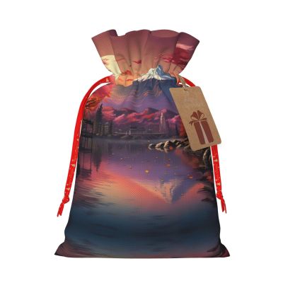 SSIMOO Japan Mount Fuji Landscape Artisan Crafted Burlap Drawstring Gift Bag - Perfect Christmas And Holiday Fabric Gift Bag