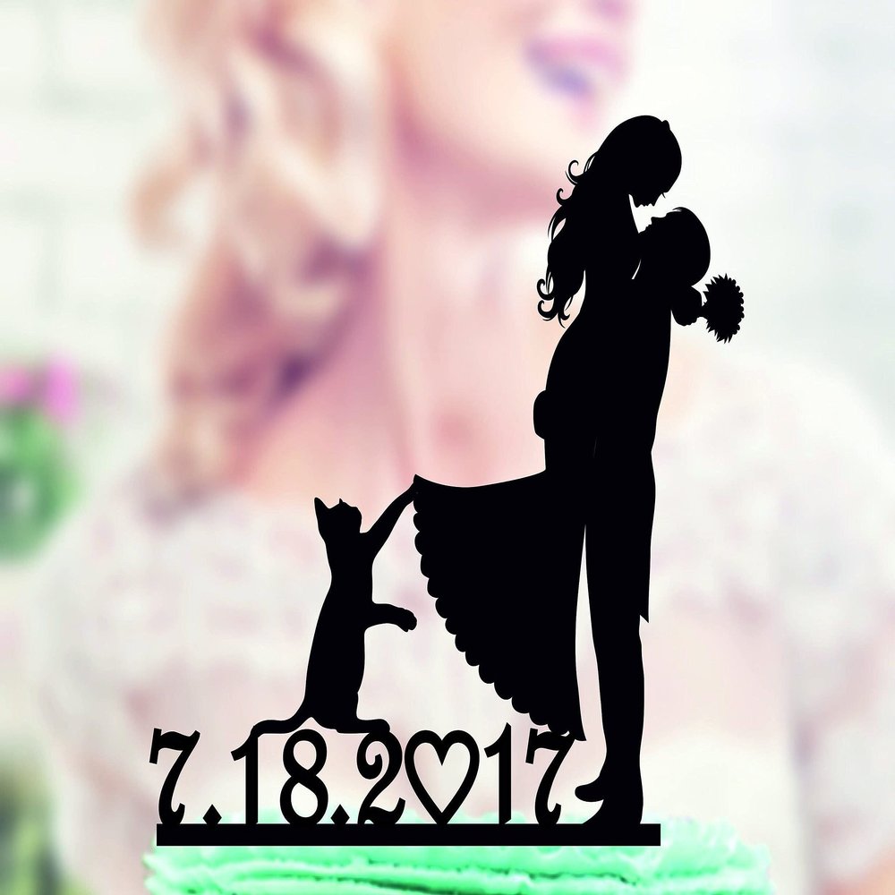 Wedding cake topper with Cat,Mr and Mrs with Cats,Bride and Groom + our pets cake topper,Cat Cake topper,Funny Cake Topper for Wedding Engagement Anniversary Party Decorations.