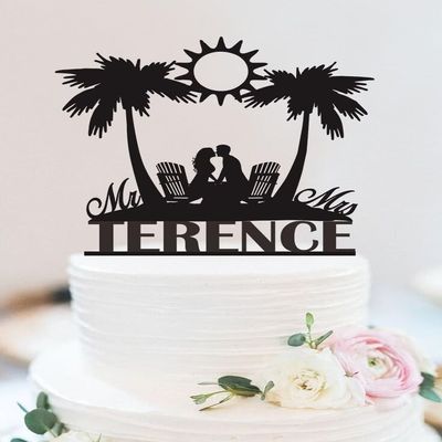Tropical Wedding Cake Topper,Palm Tree Hawaii Cake Topper,Beach Travel Cake Topper,Mr And Mrs Cake Topper for Bridal Shower Engagement Wedding Anniversary Party Decor.