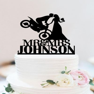 Dirt Bike Cake Topper,Motorcycle Wedding Cake Topper,Groom on Motorcycle cake topper,Mr And Mrs Cake Topper,Funny Cake Topper for Wedding Engagement Anniversary Celebration Party Decoration.