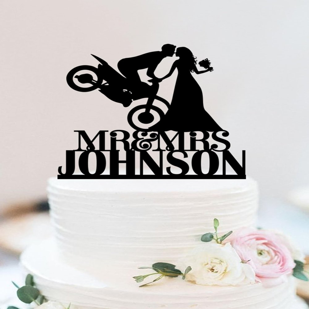 Dirt Bike Cake Topper,Motorcycle Wedding Cake Topper,Groom on Motorcycle cake topper,Mr And Mrs Cake Topper,Funny Cake Topper for Wedding Engagement Anniversary Celebration Party Decoration.