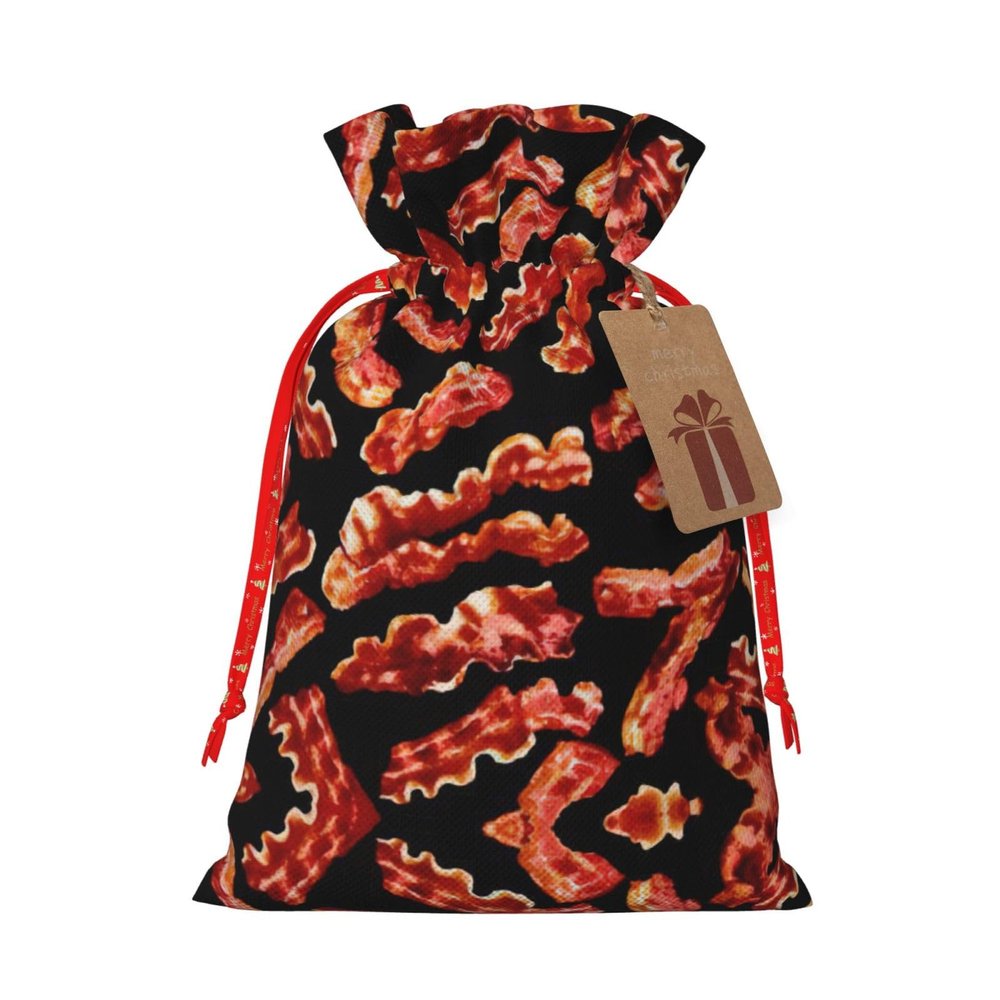 NEZIH Bacon Pattern Print Christmas Gift Bag - Drawstring Christmas Bag For Presents, Burlap Xmas Favor Bag Small Size