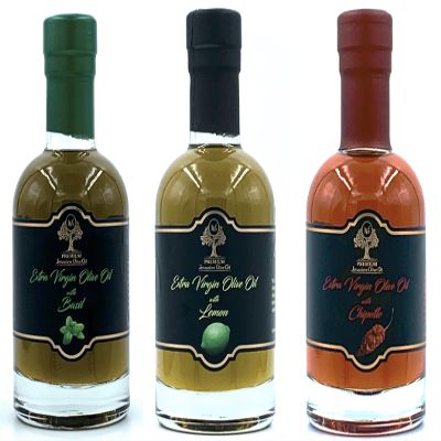 BVS 3 Flavored Olive Oils - Basil, Lemon and Chipotle - Family operation from tree to bottle Award winning Israeli Olive Oil / 3 Glasss bottles each 6.76 Fl Oz - 200 ml