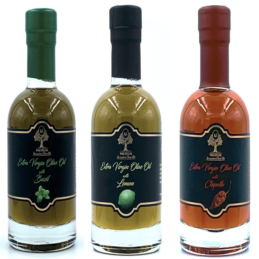BVS 3 Flavored Olive Oils - Basil, Lemon and Chipotle - Family operation from tree to bottle Award winning Israeli Olive Oil / 3 Glasss bottles each 6.76 Fl Oz - 200 ml