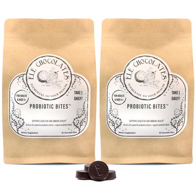 Ele Chocolates Dark Chocolate Daily Probiotic Supplement Bites 3 Billion CFUs for Digestive Gut Health, Immune Support for Women Men Kids, 100% Natural Organic Gluten-Free, Sustainable 2 Packs of 30