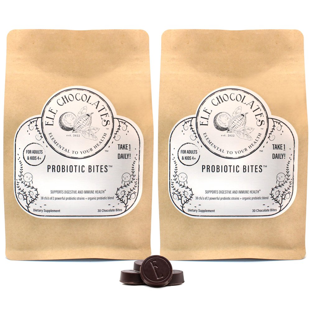Ele Chocolates Dark Chocolate Daily Probiotic Supplement Bites 3 Billion CFUs for Digestive Gut Health, Immune Support for Women Men Kids, 100% Natural Organic Gluten-Free, Sustainable 2 Packs of 30