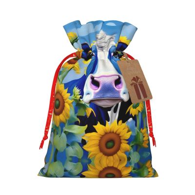 ZISHAK Cow With Sunflowers In Blue Delicate Burlap Drawstring Gift Bag-Artisanal Fabric Gift Bag Perfect For Christmas