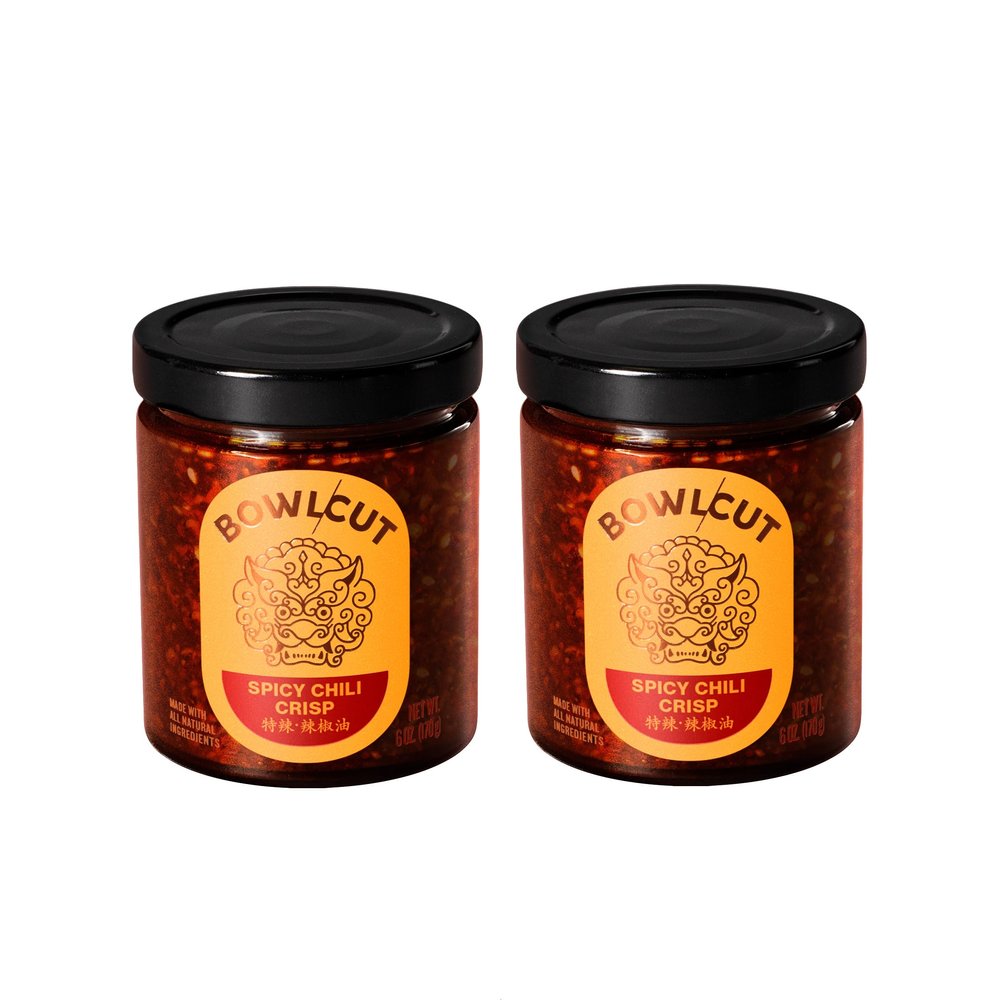 Bowlcut All Natural, Gluten Free, Vegan, Made in USA Chili Crisp, Chili Oil with Chili Flakes & Hot Sauce Alternative for Eggs, Pasta, Dumplings, Noodles and More, 6oz, Spicy Chili Crisp, 2 Pack
